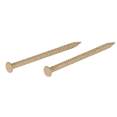 Two beige panel nails with flat heads and sharp pointed ends for home improvement and tools use