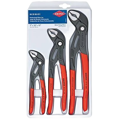 Set of three durable water pump pliers with red handles for precision gripping in hand tools and home improvement tasks