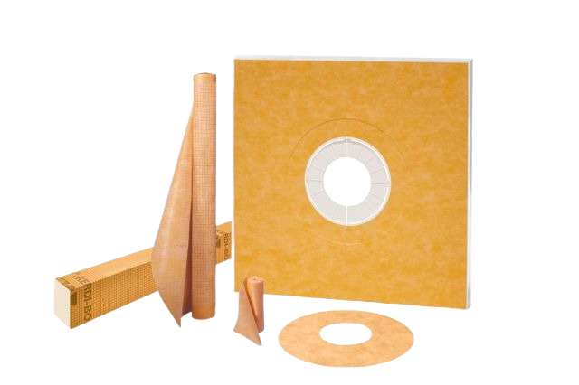 Waterproofing membrane components including shower tray, curb, and sealing accessories for bathroom tile installation kit