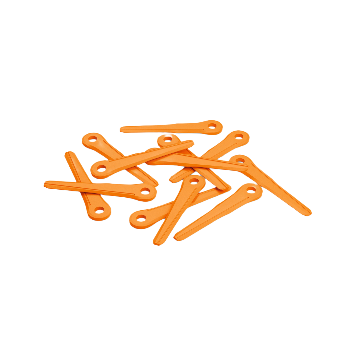 Pack of twelve bright orange thermoplastic blades for outdoor power tool accessories and home improvement use