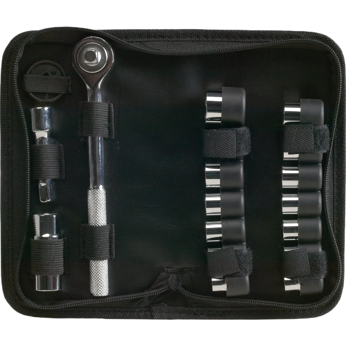 21-piece socket and ratchet set organized in black zippered case for home improvement and woodworking tools collections