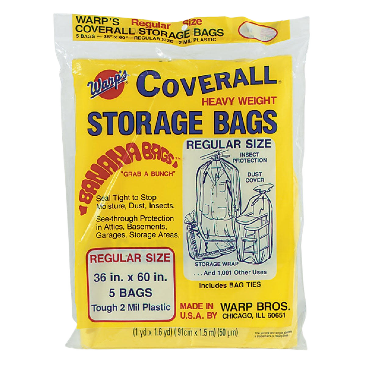 Yellow and clear heavy-duty storage bag package with text and illustrations for attic and garage storage protection