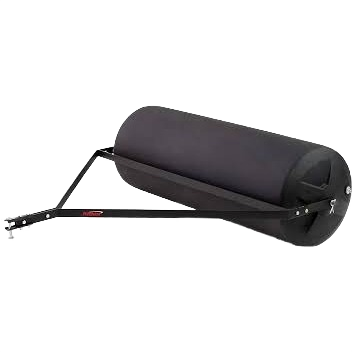 Black poly lawn roller with metal frame and hitch attachment, designed for smooth lawn maintenance and ground preparation, part of Rental Equipment and All Products at Hartville Hardware.