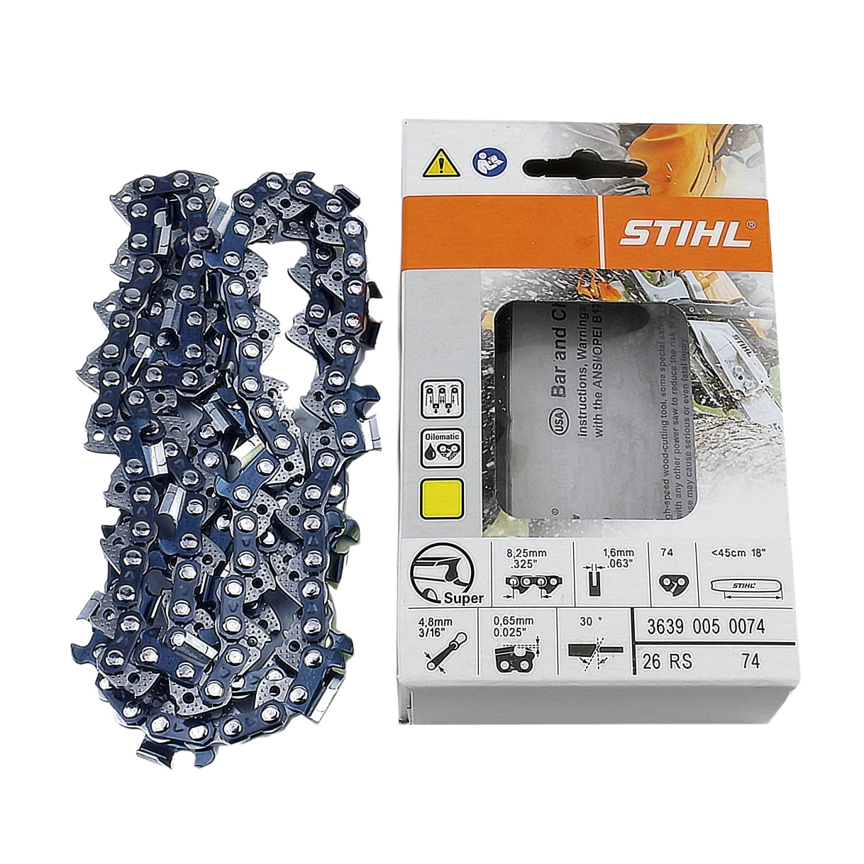 Blue steel saw chain next to white and orange STIHL packaging for power tool accessories and saw blades