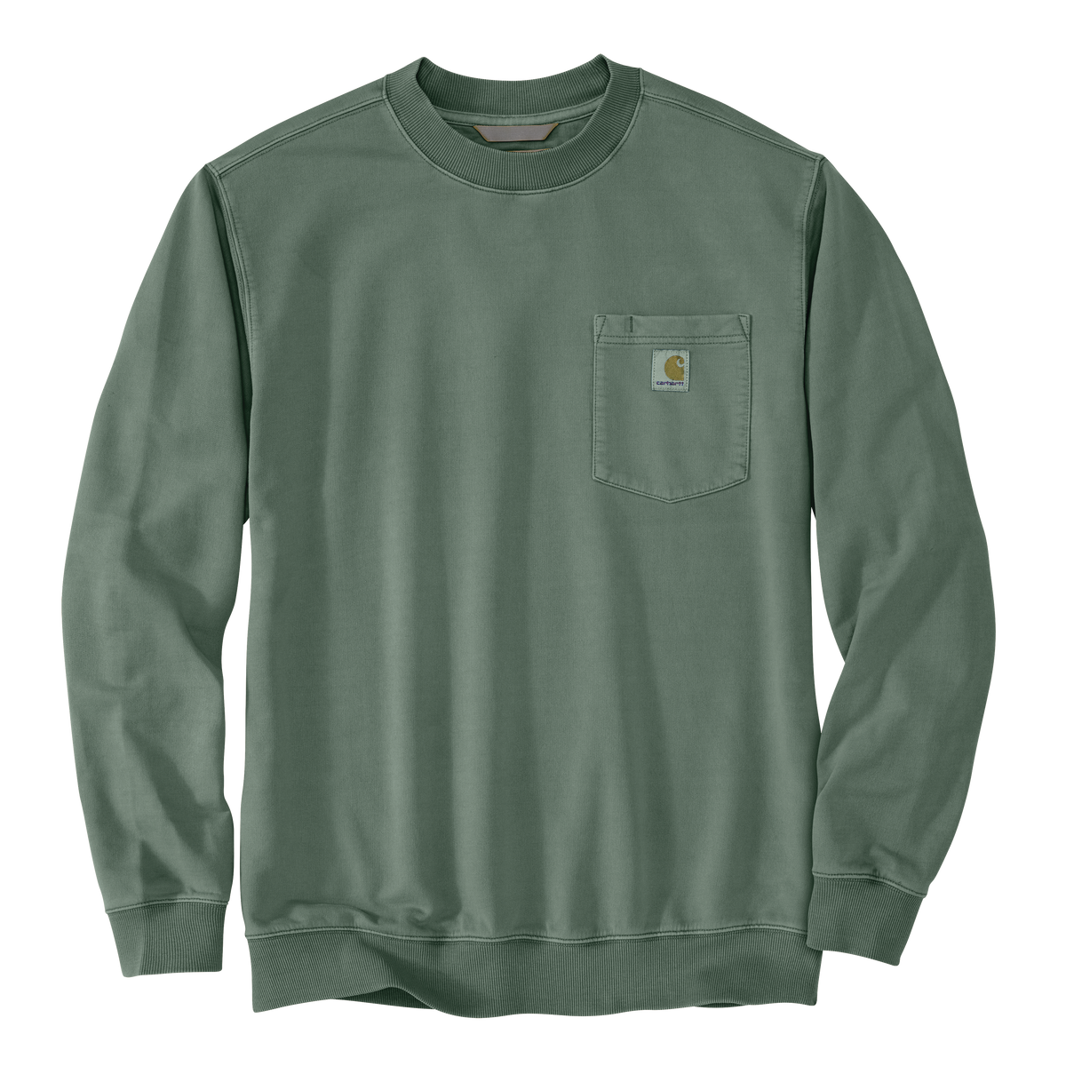 Men’s relaxed fit midweight garment-dyed French Terry crewneck sweatshirt in muted green with a chest pocket and logo patch, crafted for durability and everyday wear.