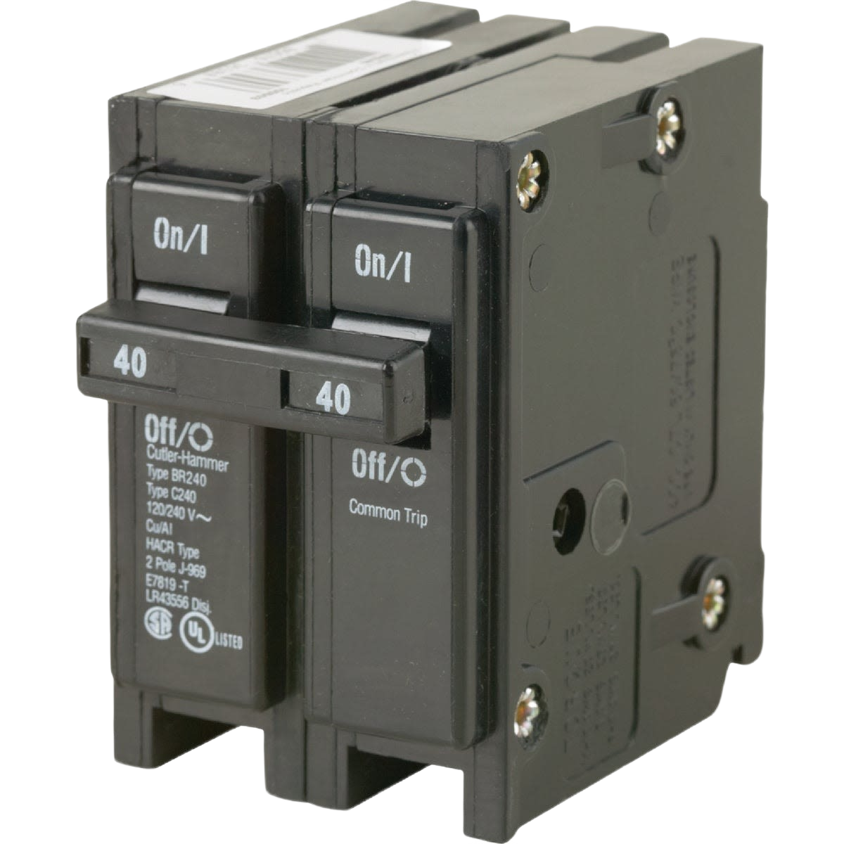 Black Eaton double-pole circuit breaker with 40 amp rating for electrical panels and home improvement use