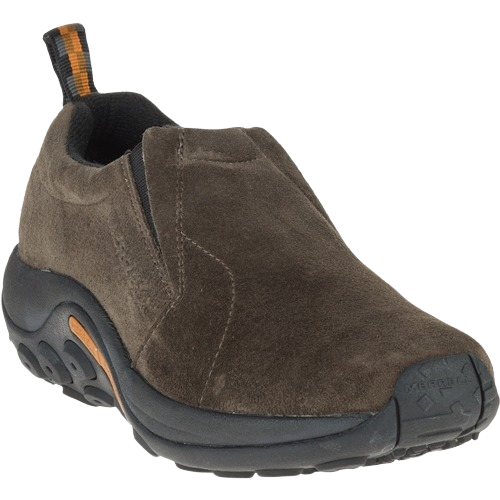 Slip-on suede shoe in gunsmoke with cushioned black sole and orange accent for casual outdoor wear