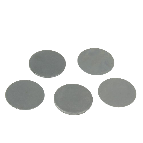 Set of five round metal shims with smooth surfaces for precision hydraulic repairs and home improvement tasks