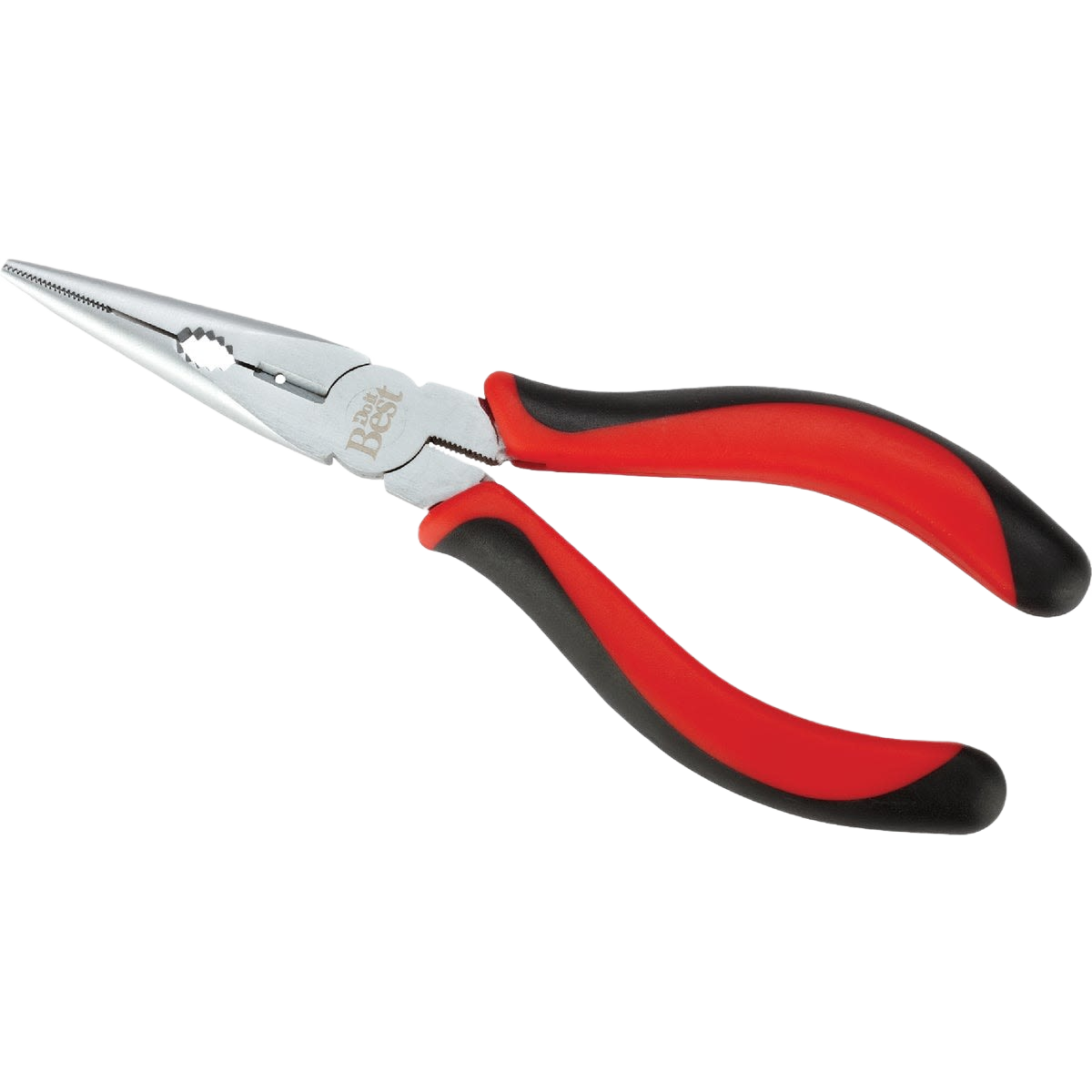 Red and black handled long nose pliers with precision tip for electrical and home improvement tasks