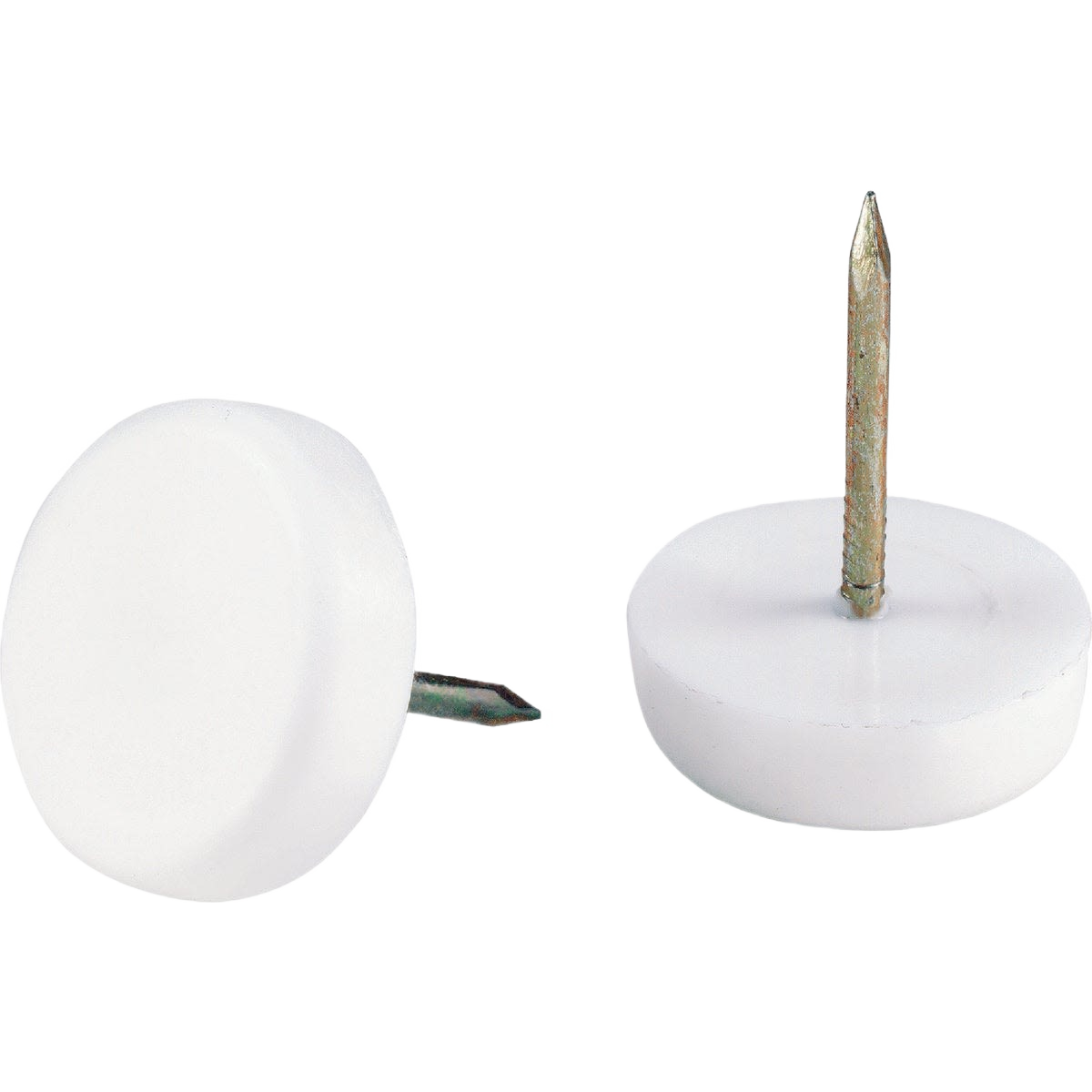 White plastic round furniture glides with nails for easy attachment in home improvement and furniture protection tasks