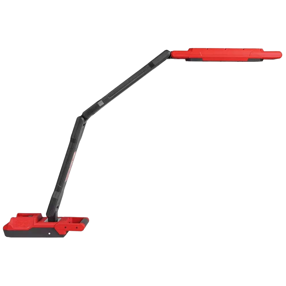 Adjustable red and black extendable boom light with magnetic base for hands-free work in tight spaces and home improvement tasks