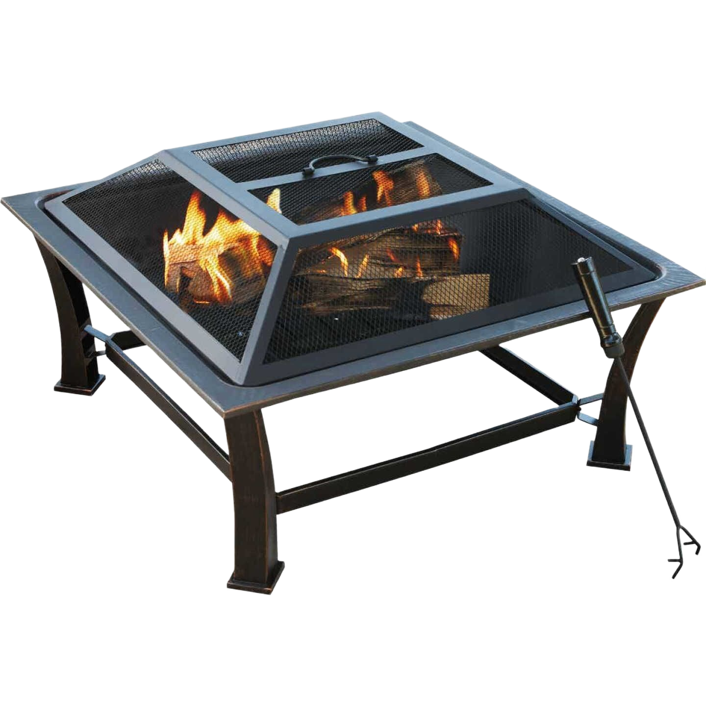 Square steel fire pit with antique bronze finish and mesh cover, ideal for outdoor living and patio furniture spaces