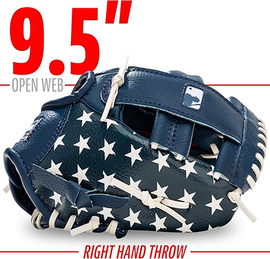 Navy blue teeball glove with white stars and laces designed for right-hand throwers in youth sports