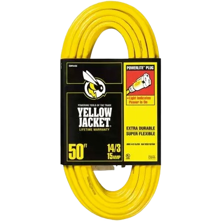Yellow 14-gauge 3-conductor extension cord with power indicator plug for electrical and home improvement uses