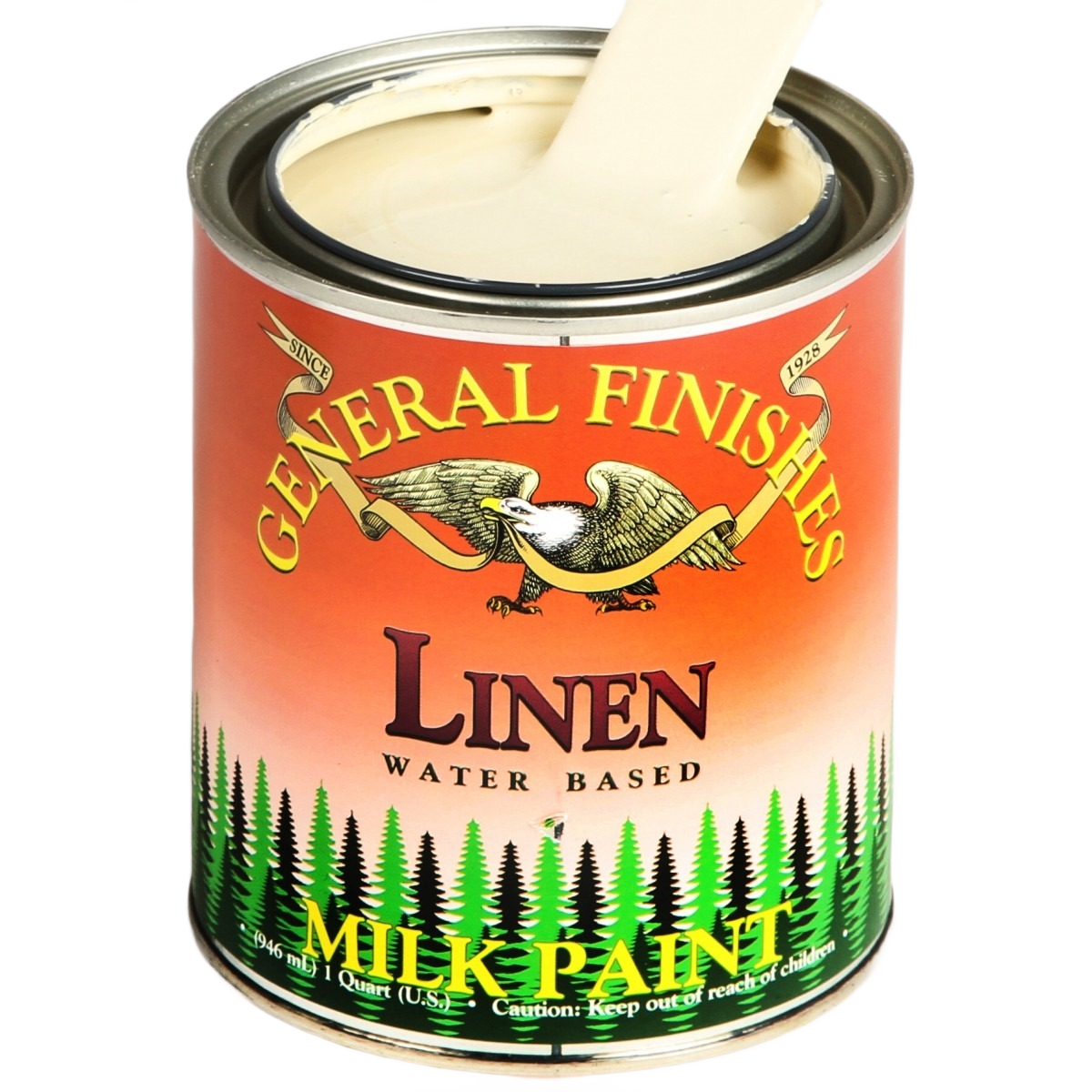 Open quart can of linen-colored water based milk paint in specialty paint and home improvement collection