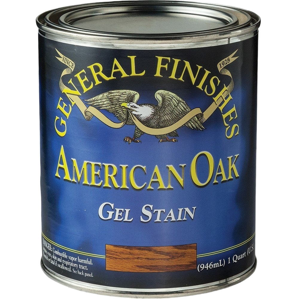 Blue metal can of American Oak gel wood stain from General Finishes for interior wood finishing under paint and stains collections