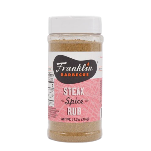 Clear plastic jar of steak spice rub with pink label in BBQ sauces and grilling spices collection
