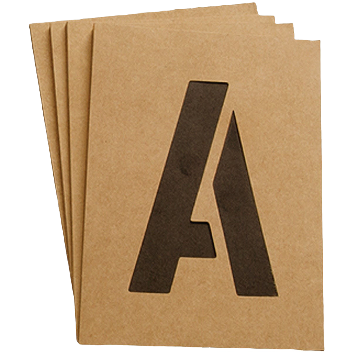 Stack of heavy-duty brown stencil boards with bold black letter cutouts for home improvement and hardware tools under $50