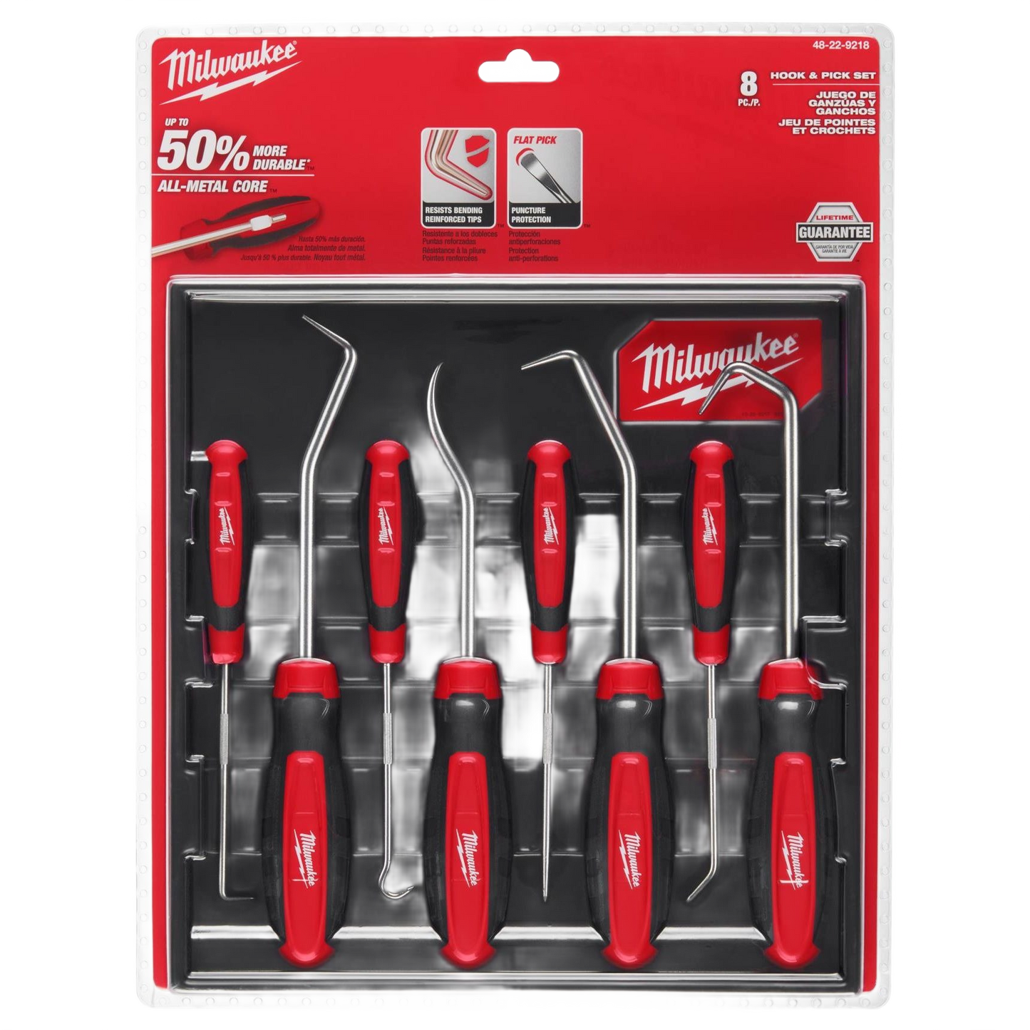 Eight-piece hook and pick tool set with red and black ergonomic handles for precision tasks in tools and home improvement