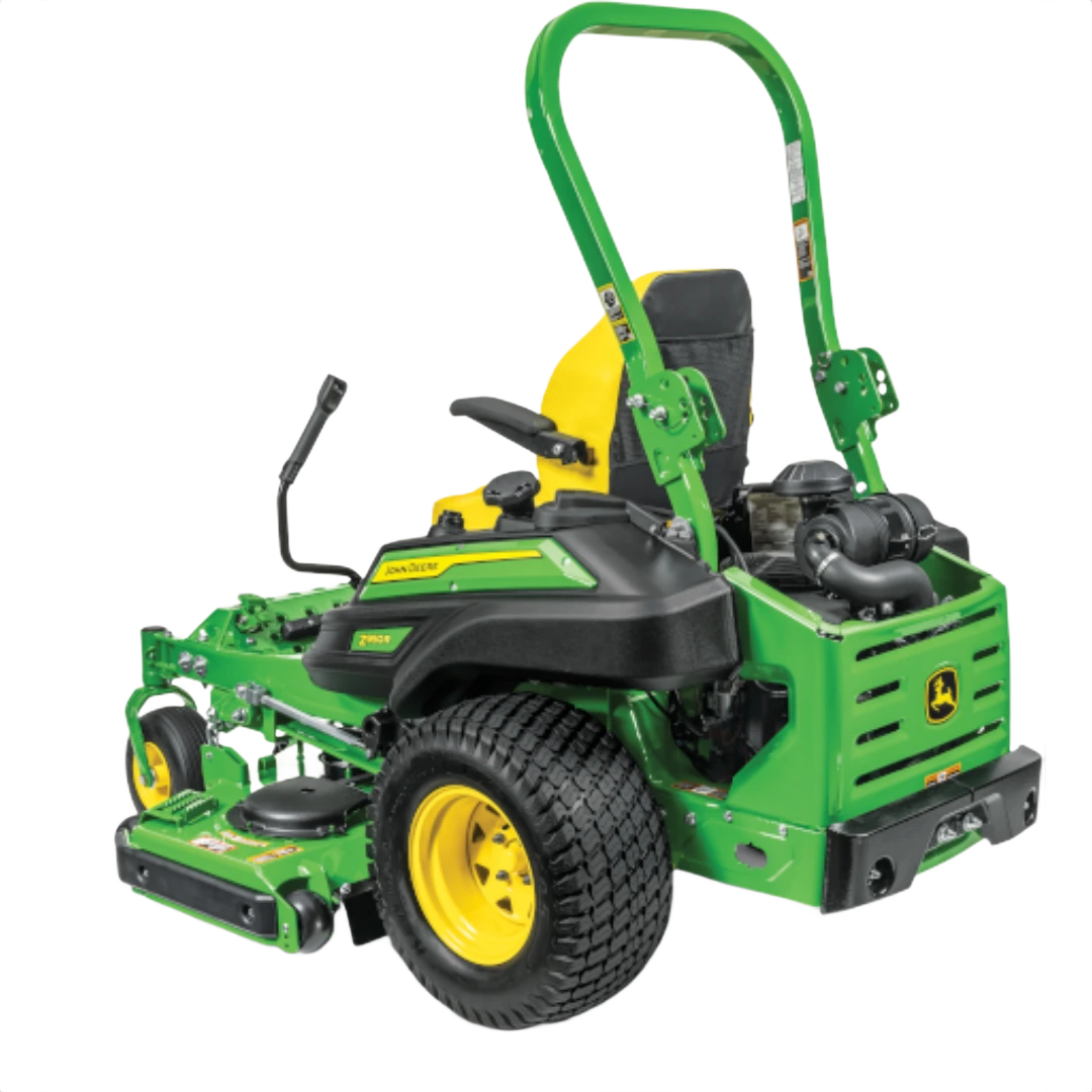 Green and yellow zero-turn mower with 60-inch deck and rollover protection bar for commercial-grade lawn care tasks