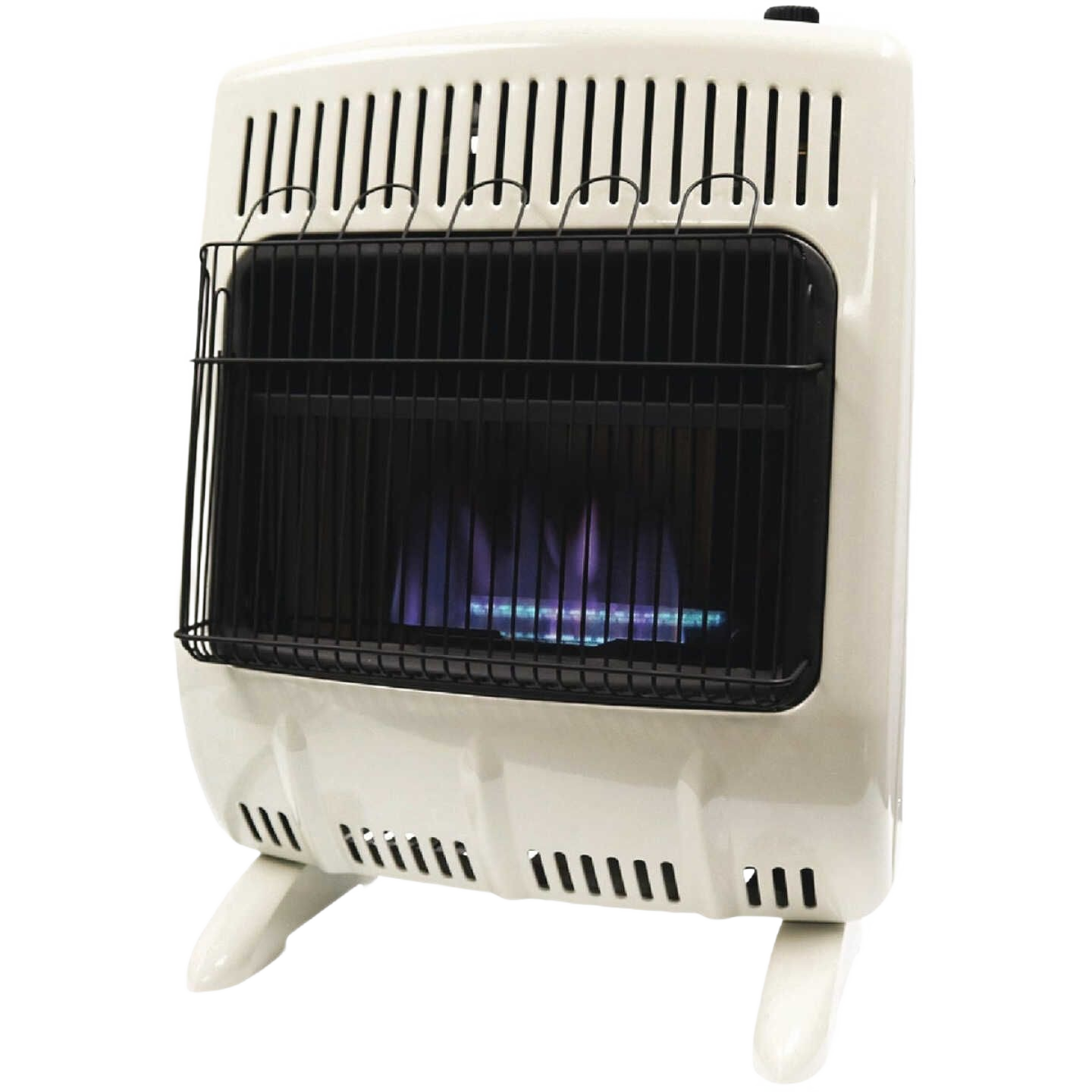 Compact white vent-free heater with blue flame burner and protective black metal safety grill in All Products collection
