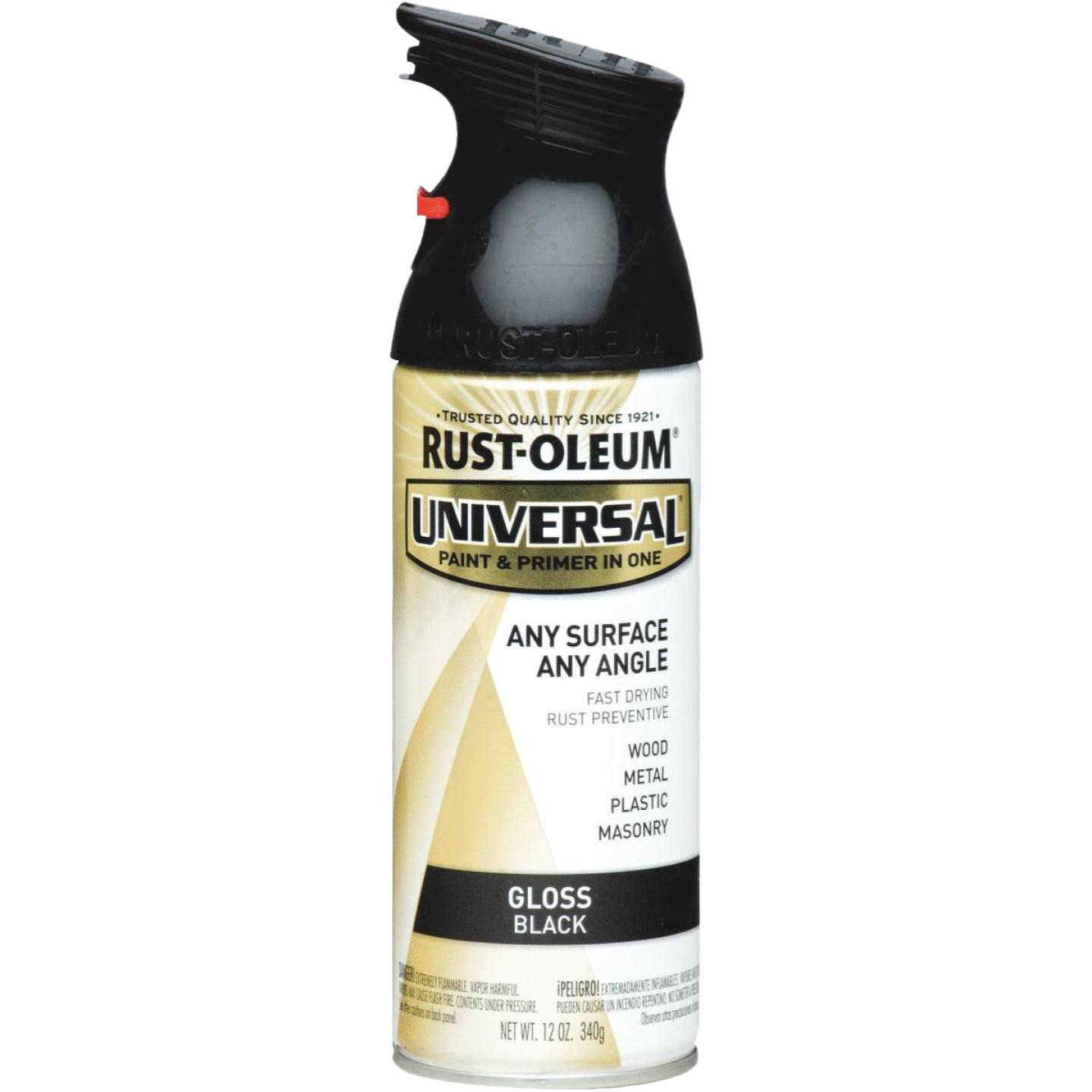 Gloss black spray paint and primer in one for wood, metal, plastic, and masonry in paint supply collections under $50