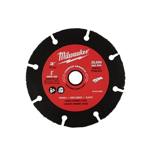 Circular black abrasive blade with red center label showing specifications for tools and home improvement use