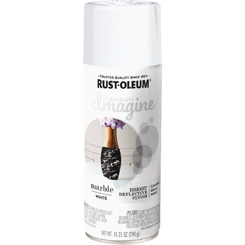 White marble-effect spray paint can with bright reflective finish for specialty paint and home improvement projects