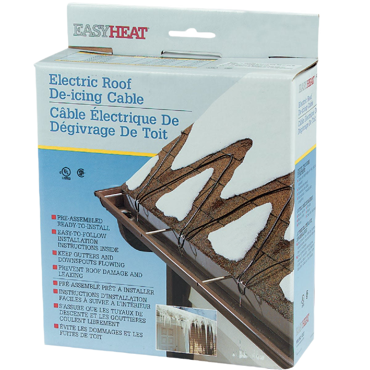 Package of electric roof de-icing cable for plumbing and home improvement to prevent ice dams and gutter blockages