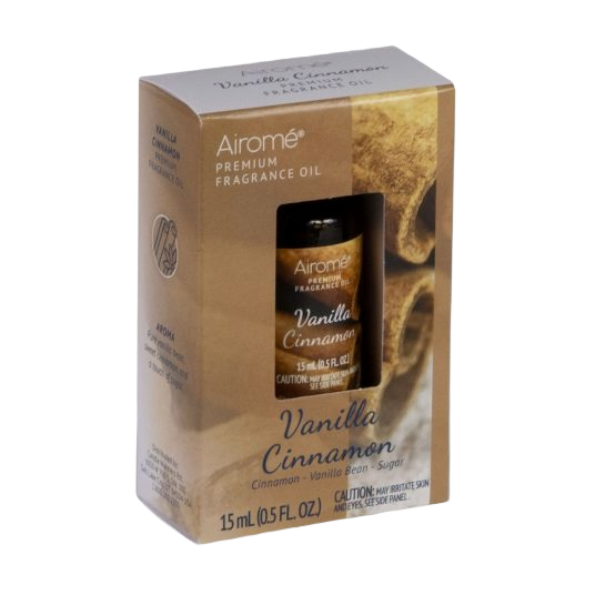 15 ml bottle of vanilla cinnamon fragrance oil in beige and brown packaging for home decor and under $25 collection