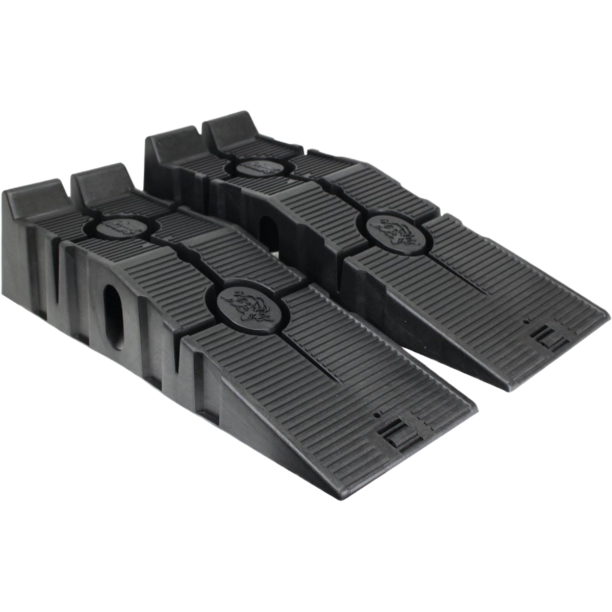 Pair of durable black plastic car ramps with textured surfaces for vehicle access in automotive and home improvement collections under $100
