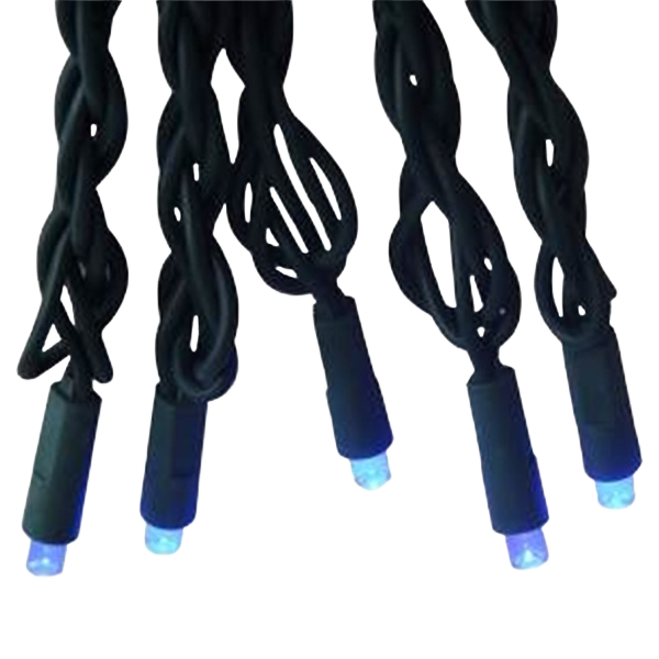 Close-up of blue LED light tips on green wire string designed for decorative home improvement lighting projects