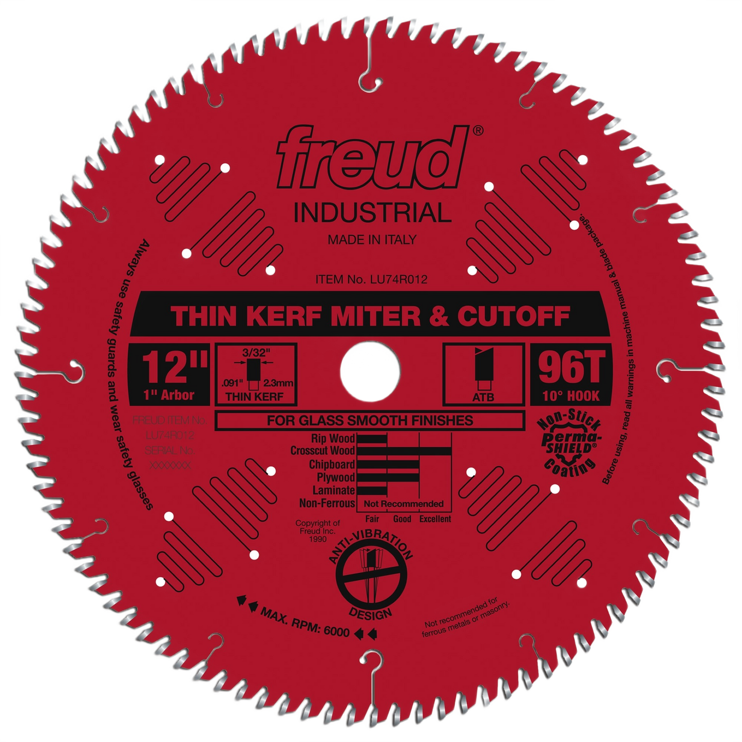 Red industrial saw blade with 96 teeth, designed for smooth cuts in wood and plywood for home improvement projects