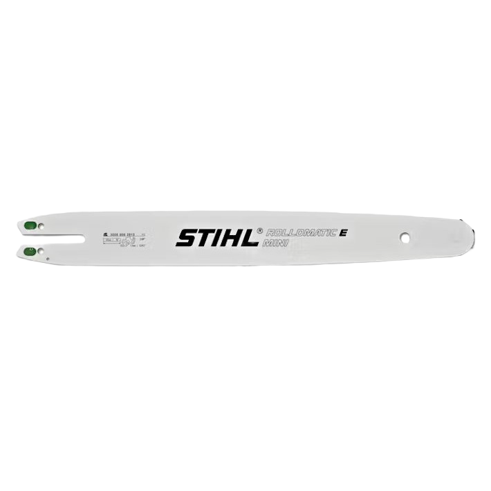 White laminated steel guide bar with black STIHL branding, designed for lightweight chainsaws and pole pruners in STIHL parts collection