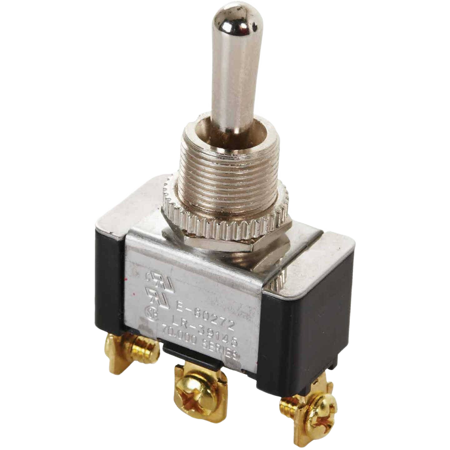 Metal toggle switch with threaded mounting collar and black plastic housing for tools and home improvement projects