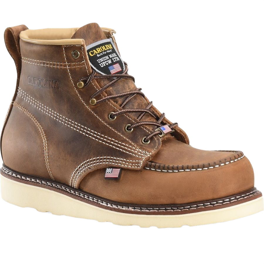 Dark brown leather wedge work boot with durable stitching and American flag accents for tools and home improvement tasks