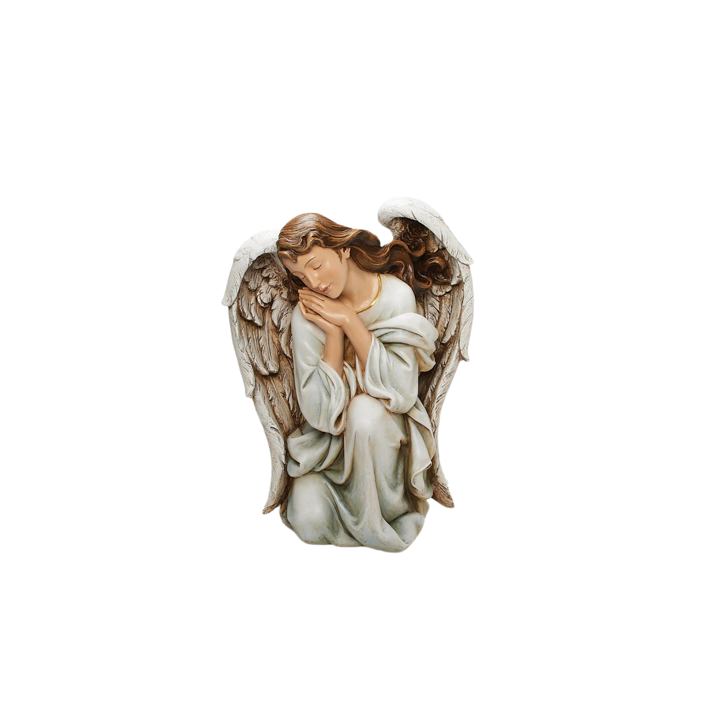 Kneeling angel statue with soft expression and detailed wings for Christmas and Nativity Scenes decor