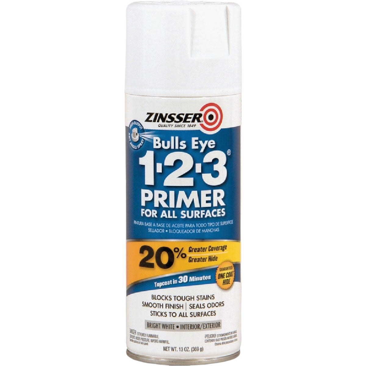White primer spray can with blue and yellow label for interior paint and primer in home improvement collection