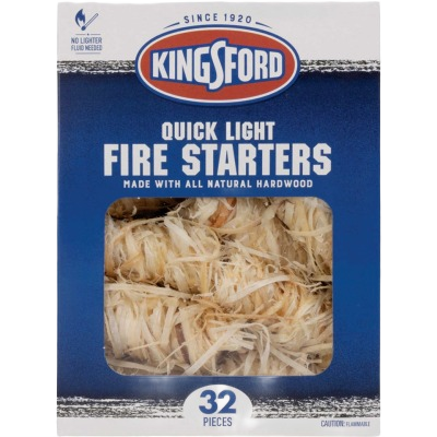Packaging of natural wooden fire starter rolls, 32 pieces, for grilling and outdoor living accessories.