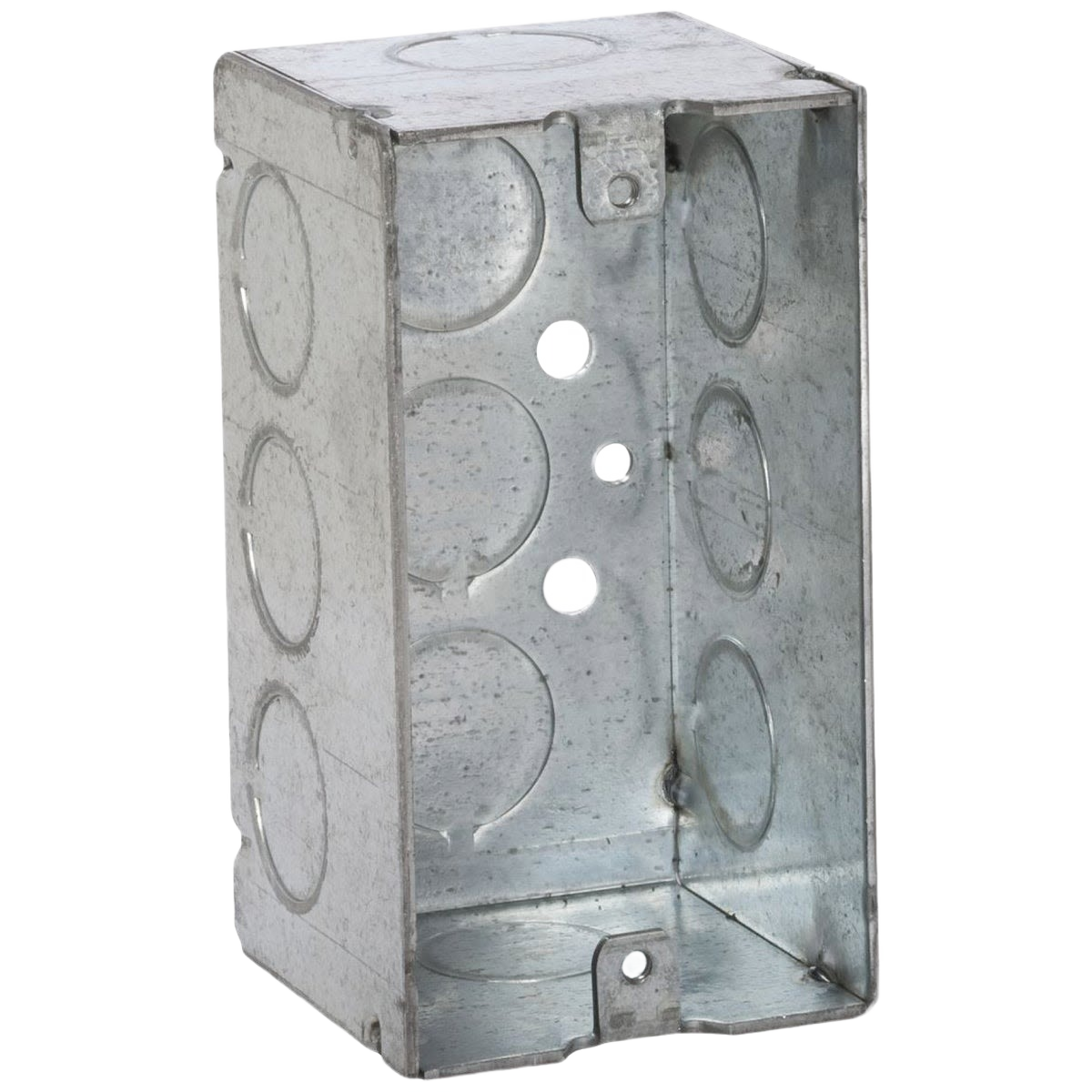 Galvanized steel electrical handy box with multiple knockout options for outlet and switch installations in home improvement projects