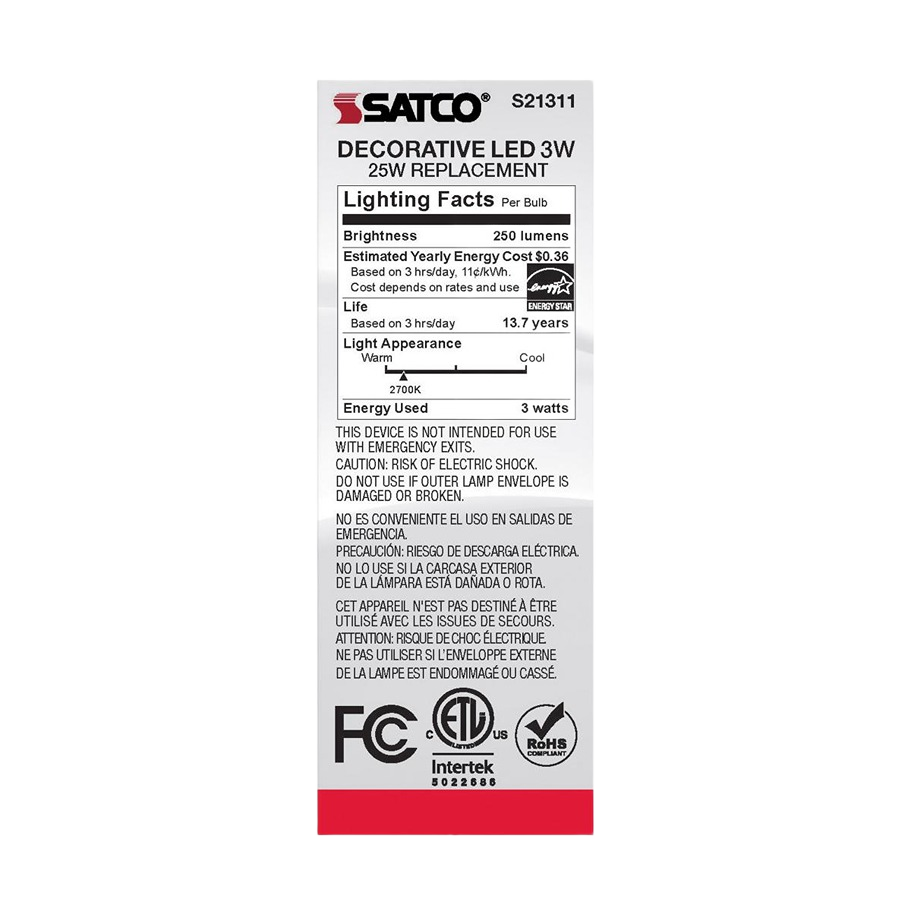 Packaging label for Satco decorative LED 3 watt bulb showing brightness, energy cost, life, and safety information