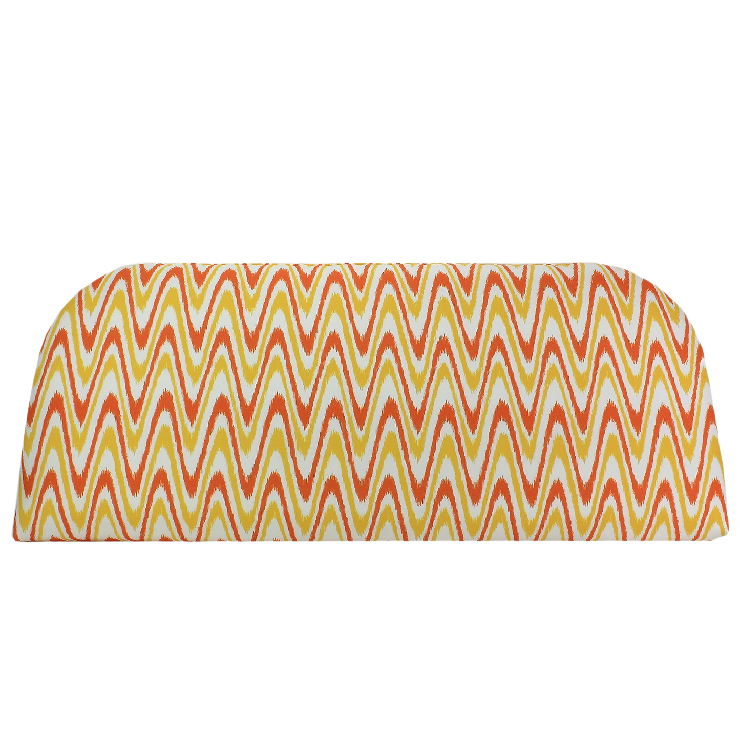 Bench cushion with vibrant orange and yellow wavy pattern designed for casual home and outdoor seating comfort