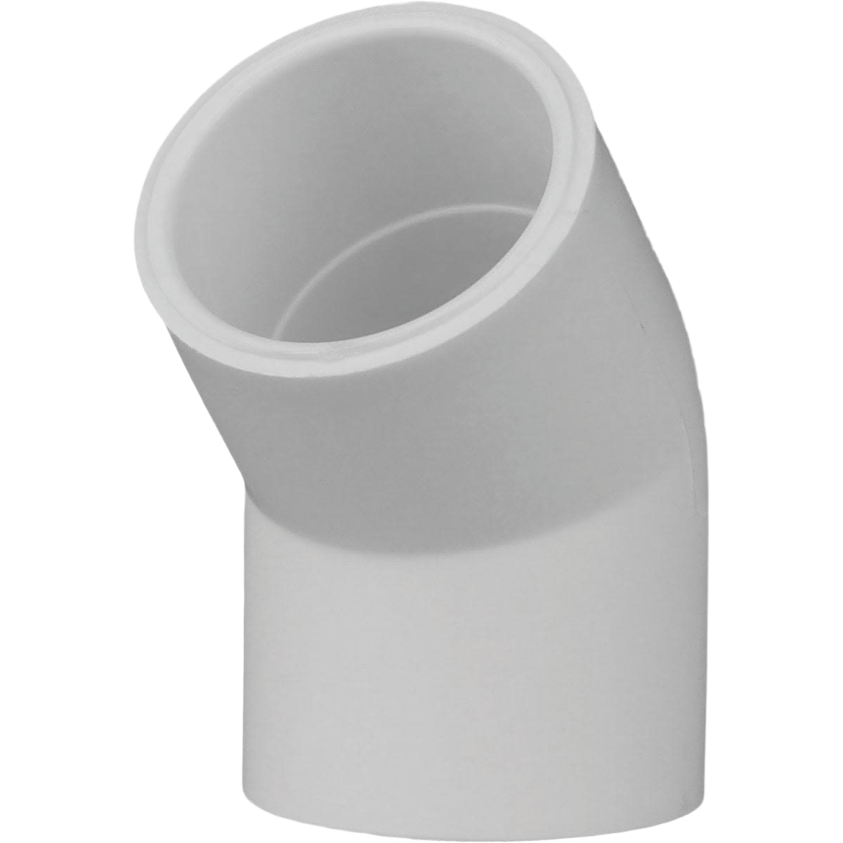 White PVC 45-degree elbow fitting for plumbing systems in Pipes & Fittings and Home Improvement collections under $50