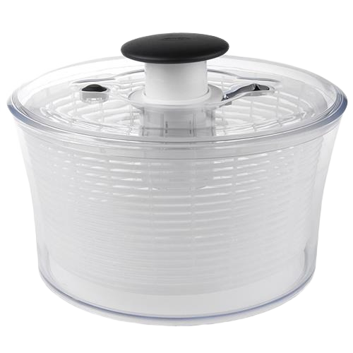Clear plastic salad spinner with black push-button lid and white strainer for kitchen gadget use under $50