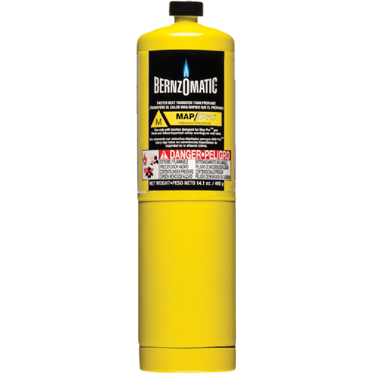 Yellow Bernzomatic MAPP gas cylinder with safety warning label for professional tool and home improvement use