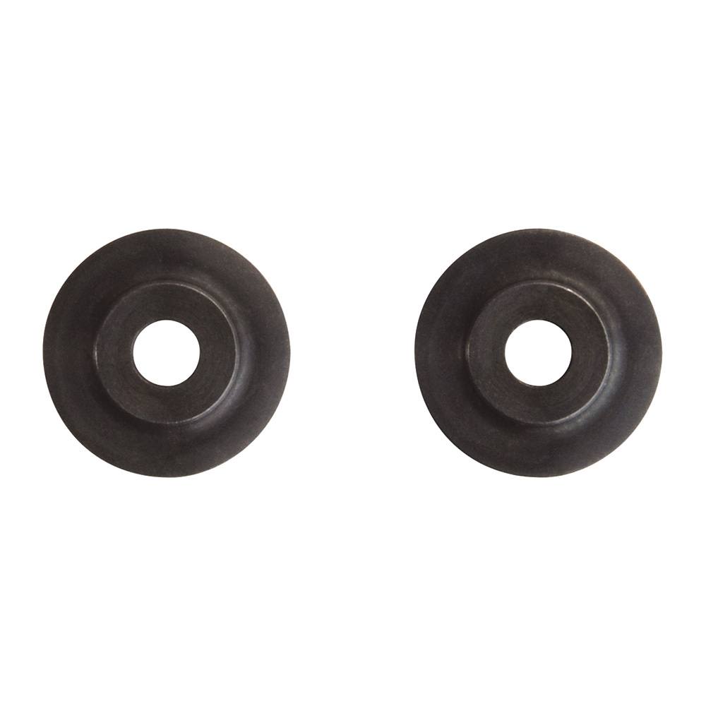 Two black circular metal cutter wheels designed for replacement in copper tubing cutting tools.