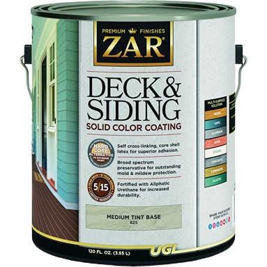 One-gallon can of Zar medium tint base solid coating for exterior stains and multipurpose wood protection