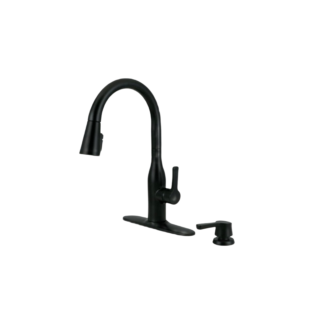 Matte black single handle pull down kitchen faucet with soap dispenser in modern kitchen fixtures collection