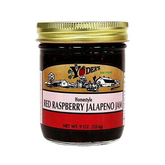 Glass jar of homestyle red raspberry jalapeno jam with gold lid from Hartville Jams collection under $50