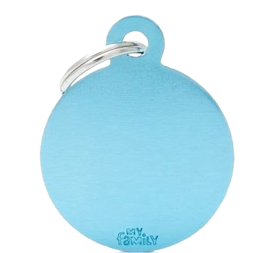 Light blue round metal ID tag with keyring attachment for pet identification or personal use